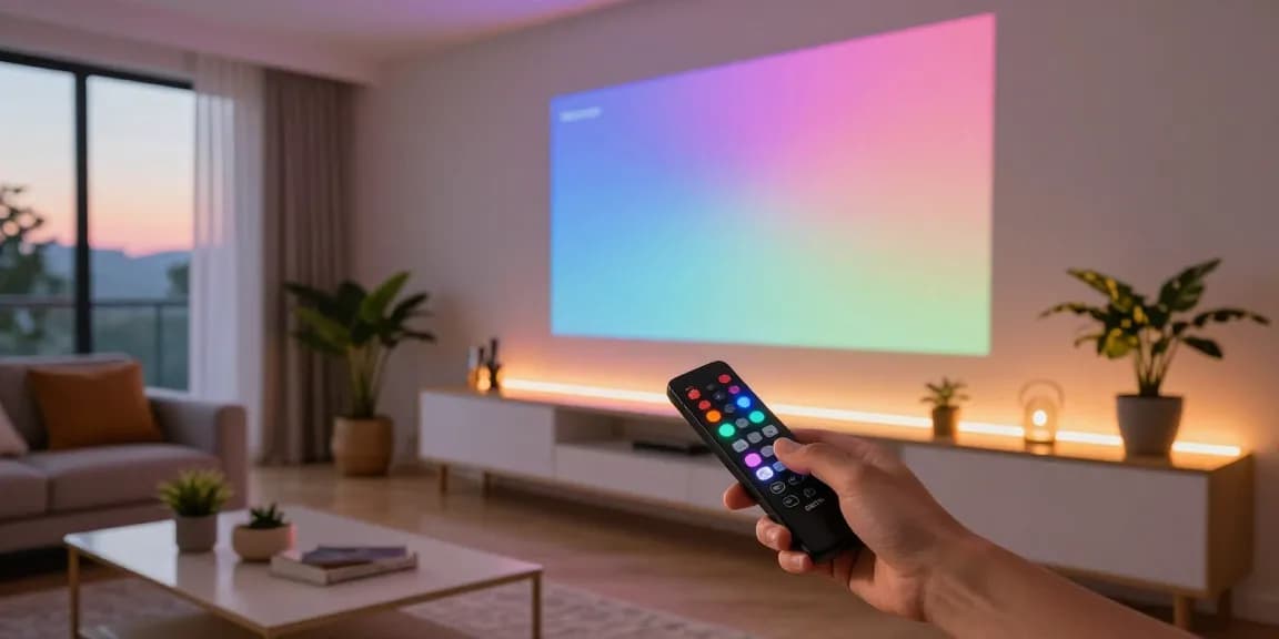 Aplica LED în living modern, ajustare benzi LED pentru iluminat ambiental.