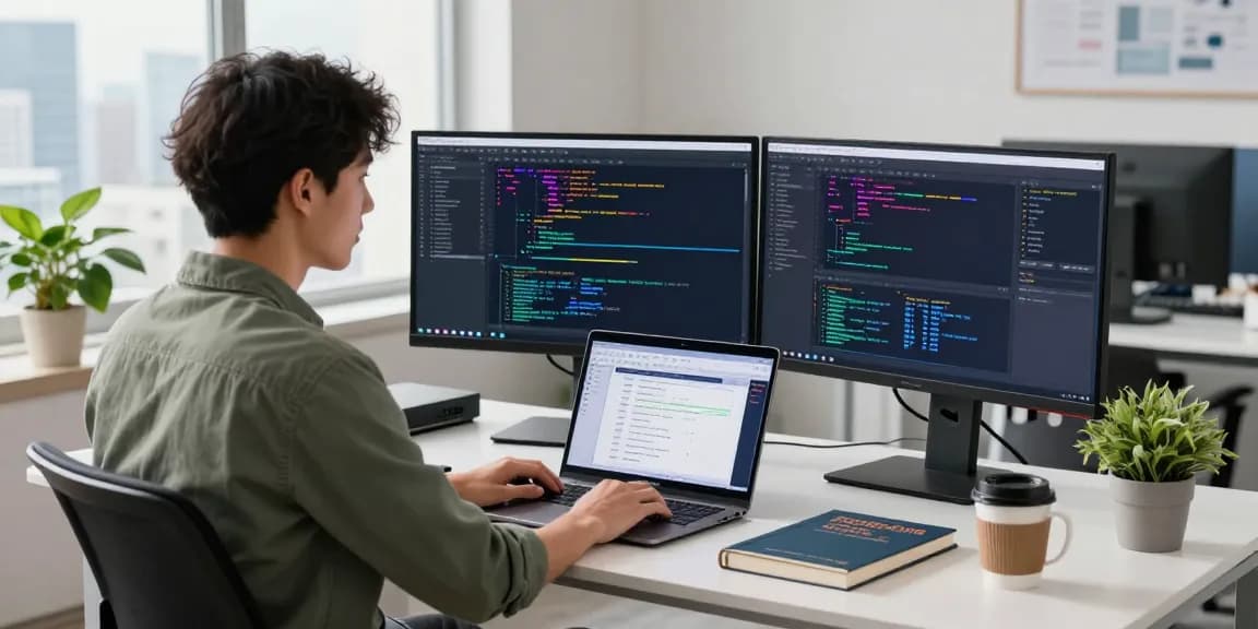 快连 network accelerator setup in a modern workspace, showcasing coding screens and productivity tools.