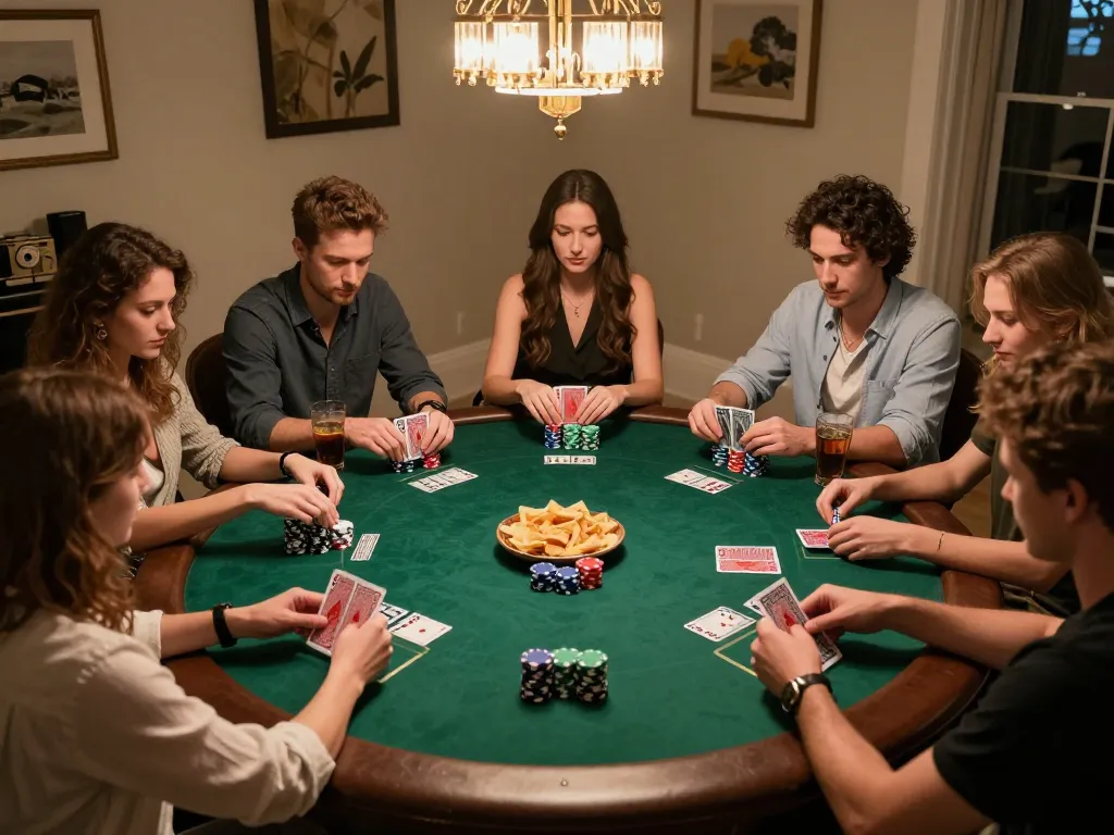 RR88 poker night with friends showcasing strategic gameplay, vibrant chips, and relaxed atmosphere.