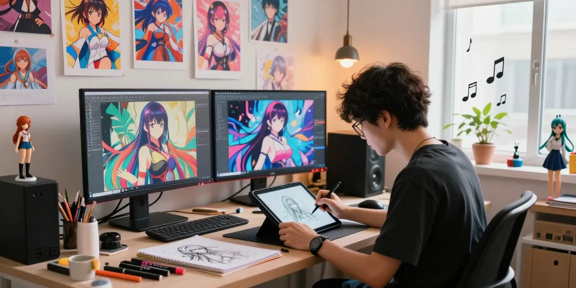 Engaging AI hentai chat artist creating characters in a vibrant studio filled with anime art.