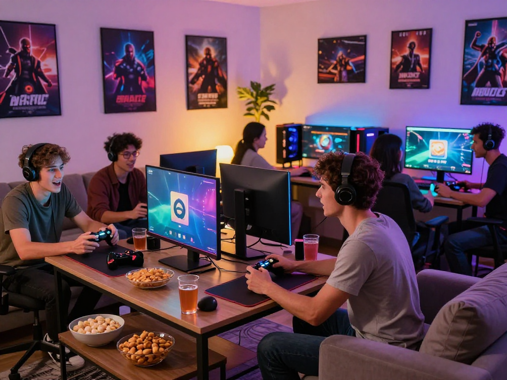 Exciting game night scene featuring friends engaged in playing nhà cái debet on multiple screens, surrounded by snacks and vibrant decor.