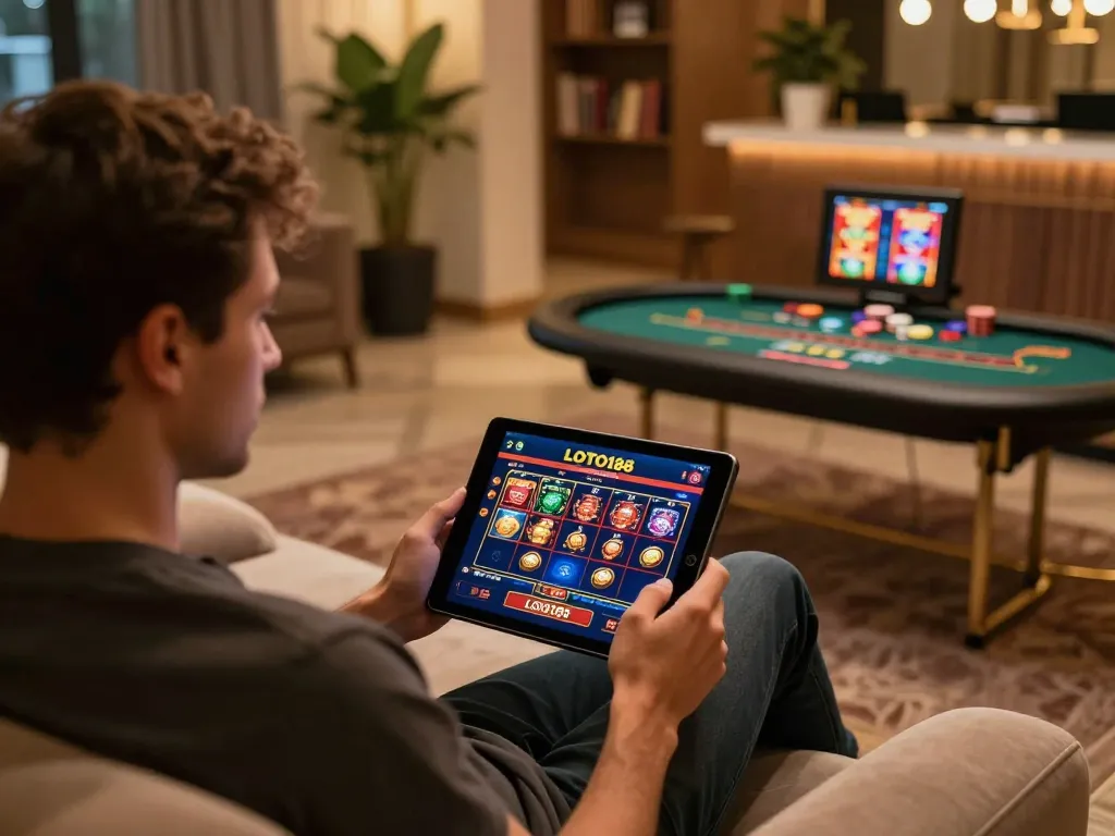 Player engaging with LOTO188 online casino interface on tablet, showcasing at-home gaming.