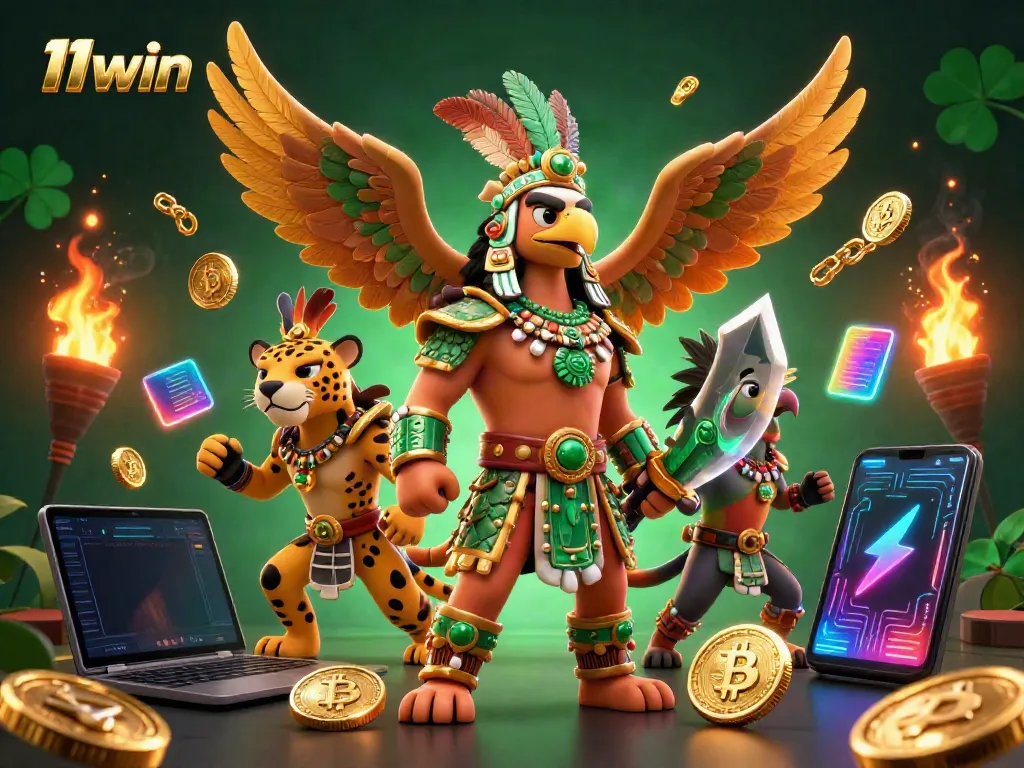 Engage with 11win's dynamic casino experience featuring rich visuals of Aztec warriors and crypto elements.