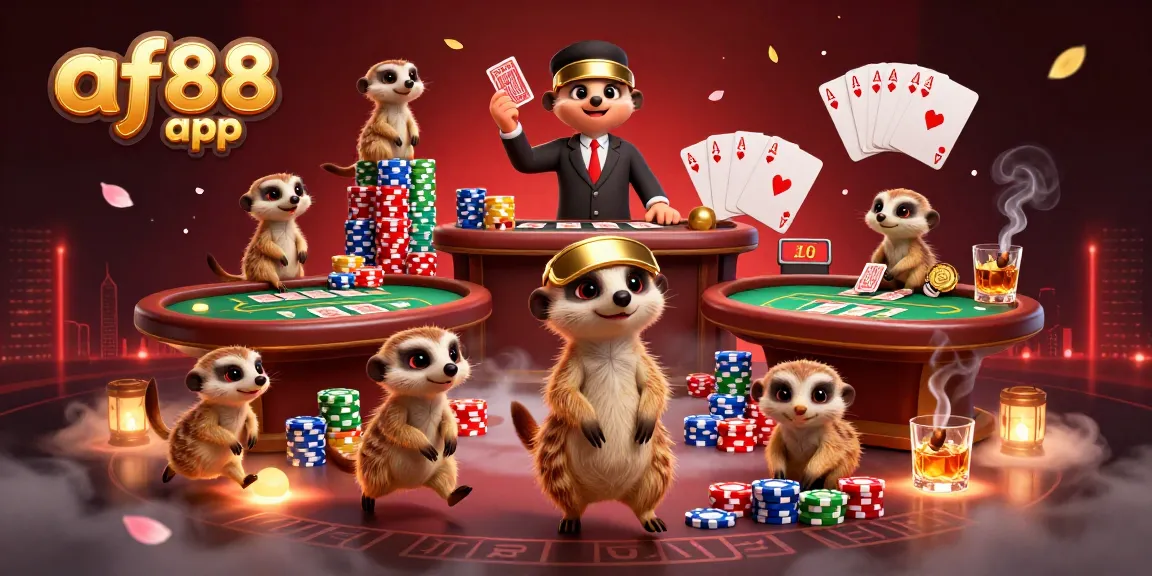 Engage with the af88 app in an energetic casino scene featuring meerkats dealing cards and stacking chips.