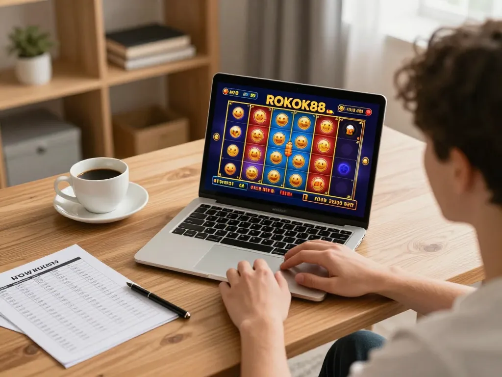 Pemain menikmati slot ROKOK88 di laptop di rumah, menunjukkan pengalaman perjudian online.