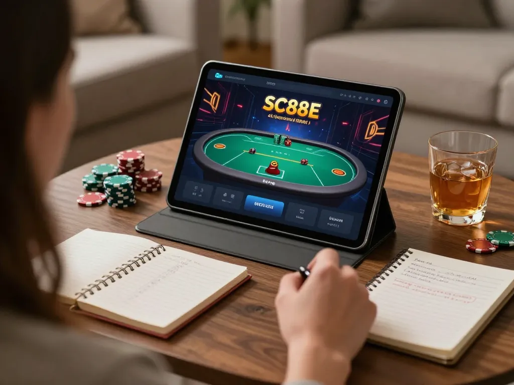 Engaged player using SC88E app for live poker, reflecting strategic gambling decisions