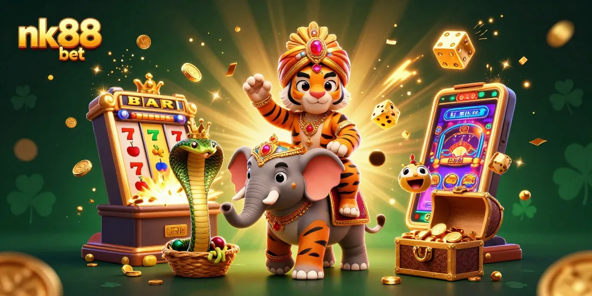 Engage with nk88 bet at the vibrant casino scene featuring a maharaja, elephant, and a jackpot.