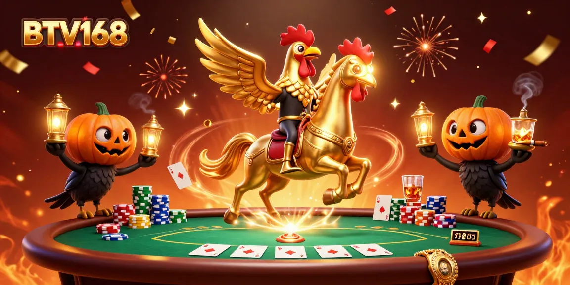 Experience the thrill of BTV168 gaming with vibrant poker elements and golden rooster characters.