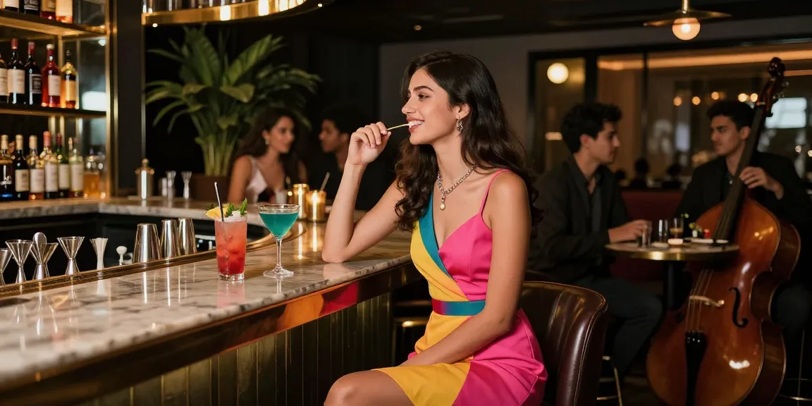 Đêm ngoài trời với gái gọi trong trang phục sành điệu, tươi cười trò chuyện tại quán bar sang trọng.