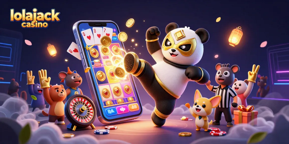 Engage with thrilling gameplay at lolajack casino, featuring a panda wrestler in action amidst vibrant casino elements.