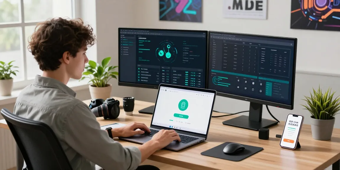 快连 VPN user monitoring network speed on laptop in a modern tech workspace.