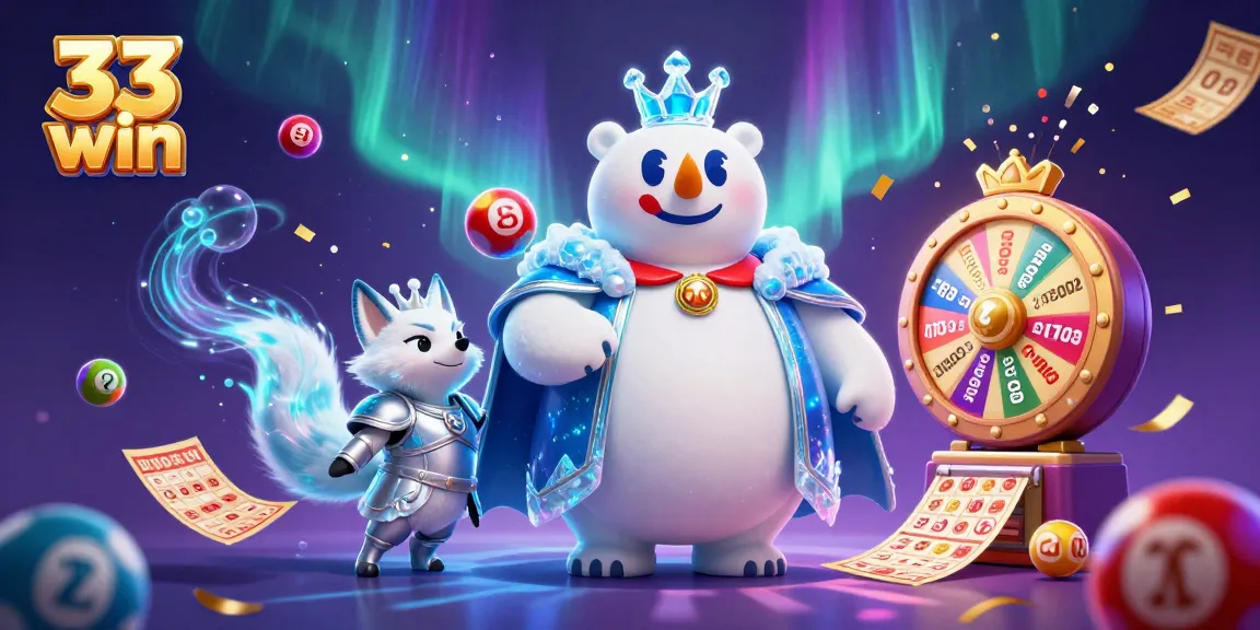 A dynamic illustration featuring the ice king bear and silver fox from 33 win amidst colorful lottery elements, evoking excitement.