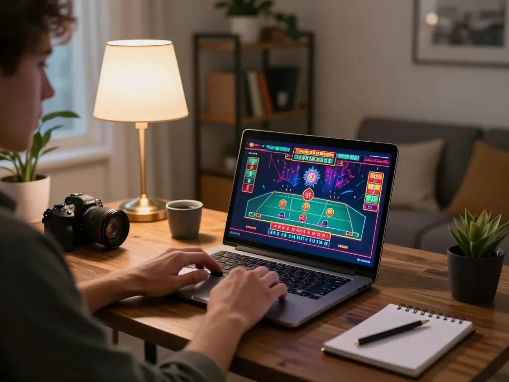 Engaging scene of at-home online gaming at trang chủ lc88, highlighting vibrant casino interface and cozy workspace.