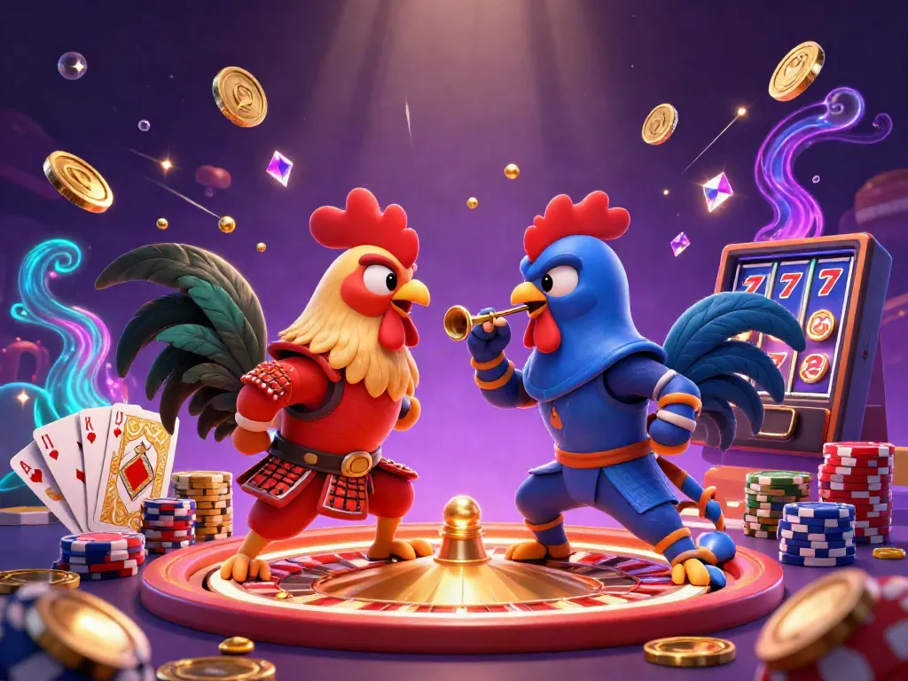 Experience the thrill of tai sunwin as roosters battle in an exciting casino scene full of coins, cards, and vibrant colors.