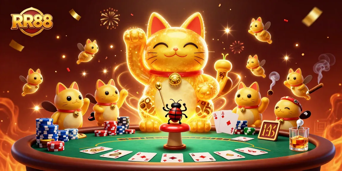Experience the thrill of RR88 with vibrant casino scenes featuring a lucky cat and dynamic poker elements.