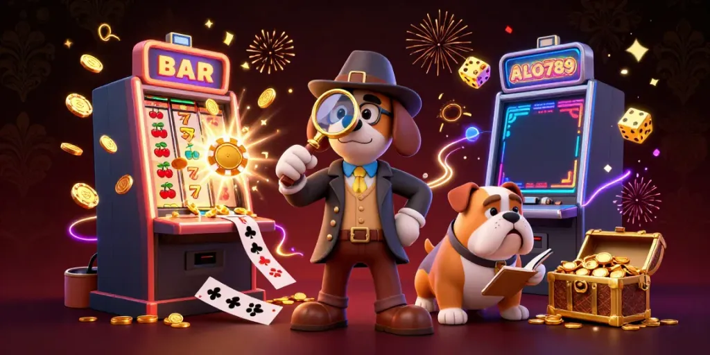 Engage with ALO789 in this dynamic scene of cartoon detectives uncovering casino treasures amid vibrant slot games.