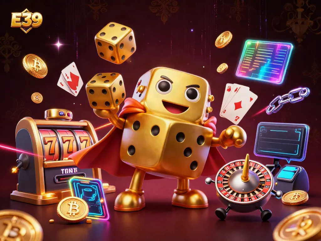 Experience the excitement of E39 with a dynamic casino scene featuring golden dice and cryptocurrency.