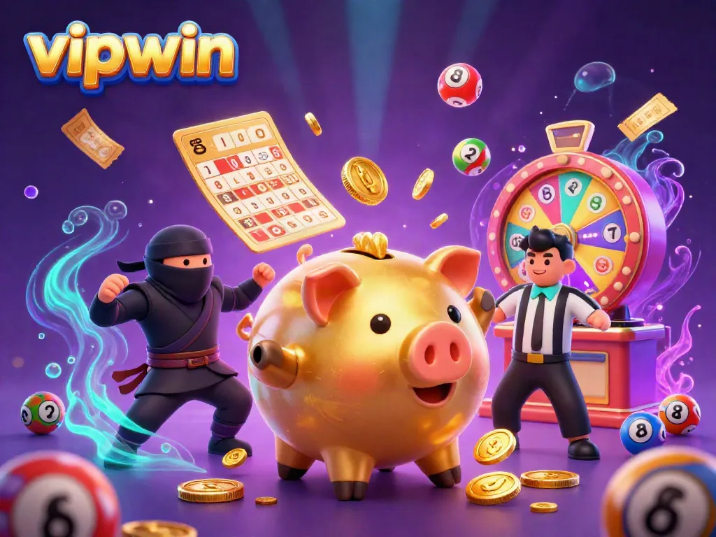 Experience the excitement of vipwin with a dynamic casino scene featuring a sumo piggy bank, ninja, and referee.