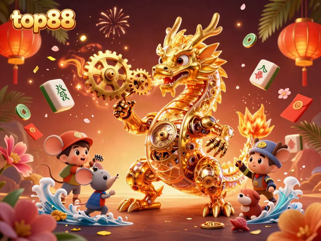 Experience thrilling gameplay with top88, featuring a golden dragon, vibrant casino elements, and dynamic atmosphere.