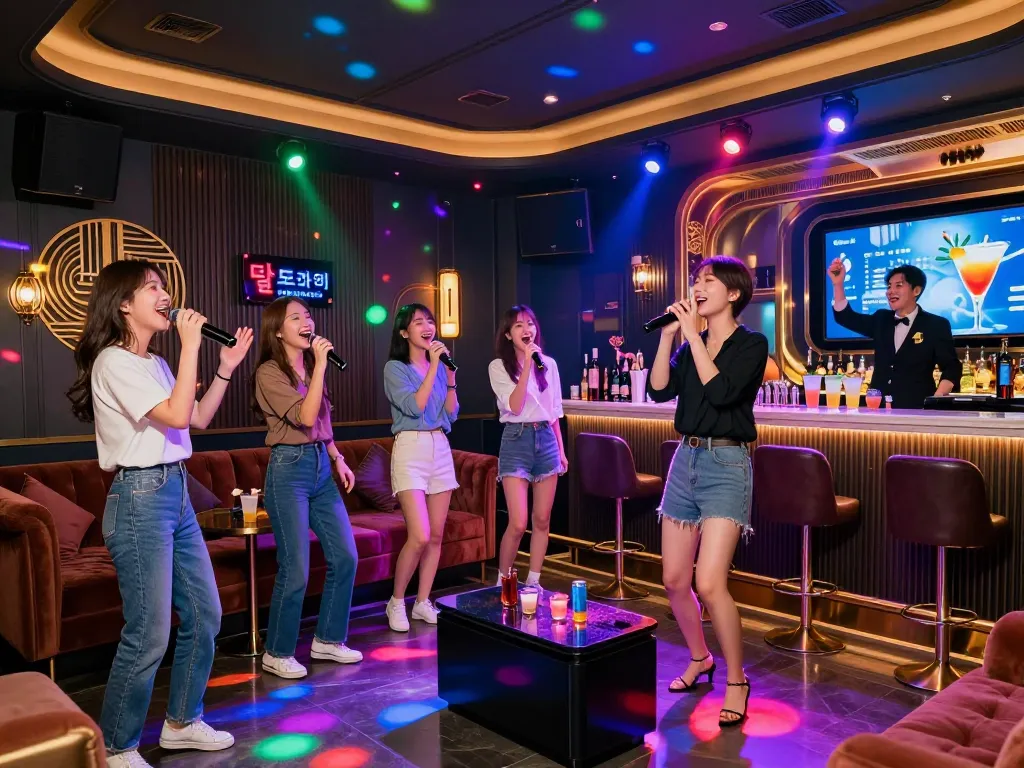 달토가라오케에서 활기찬 밤을 즐기는 친구들, 생동감 넘치는 분위기와 프리미엄 서비스를 강조합니다.