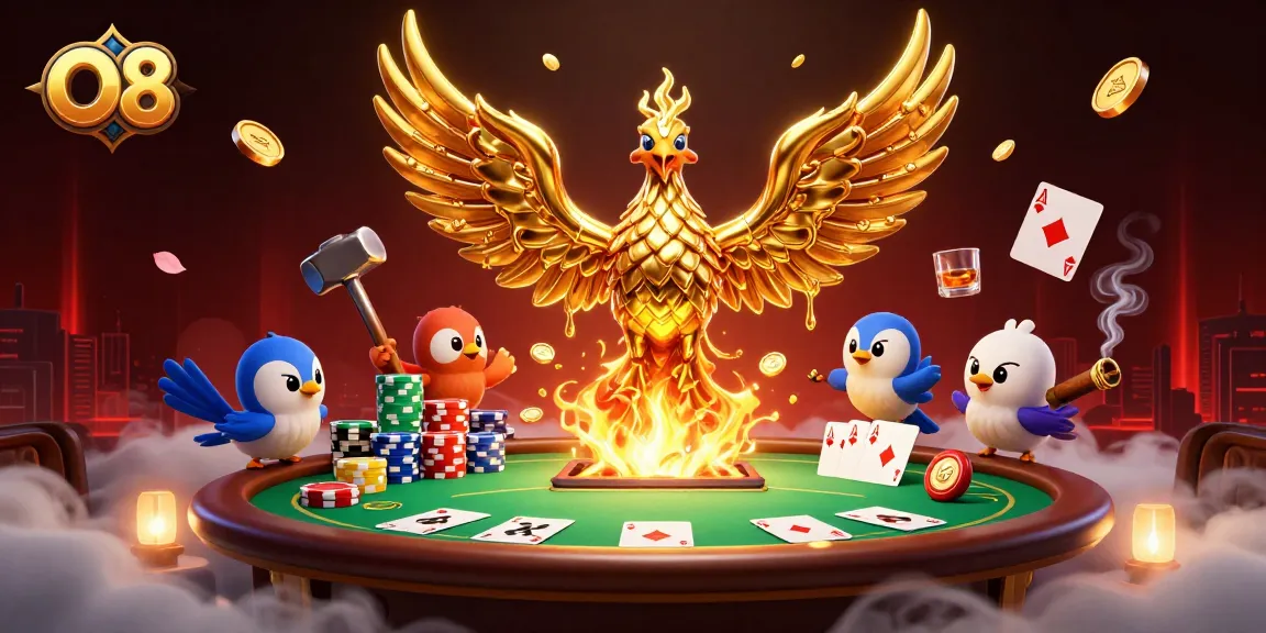 Experience thrilling poker games with O8’s dynamic casino scene featuring a golden phoenix.