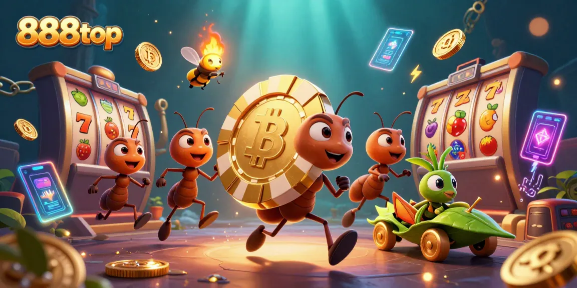 Engage in thrilling gaming with 888top as ants steal a giant poker chip amidst vibrant gambling elements.