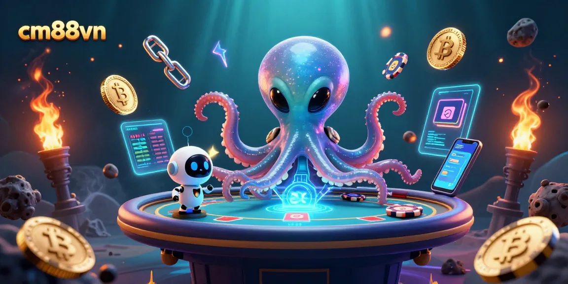 Win exciting games at cm88vn with a dynamic alien octopus at a holographic poker table.