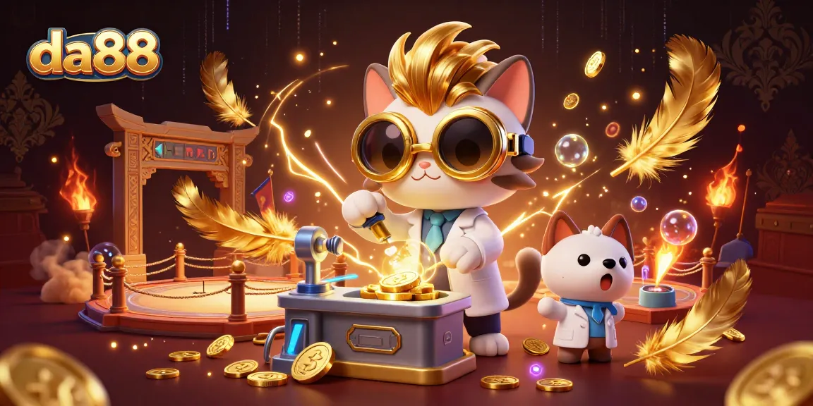 Join the excitement of da88 with a mad scientist cat and loyal dog in a vibrant casino lab.