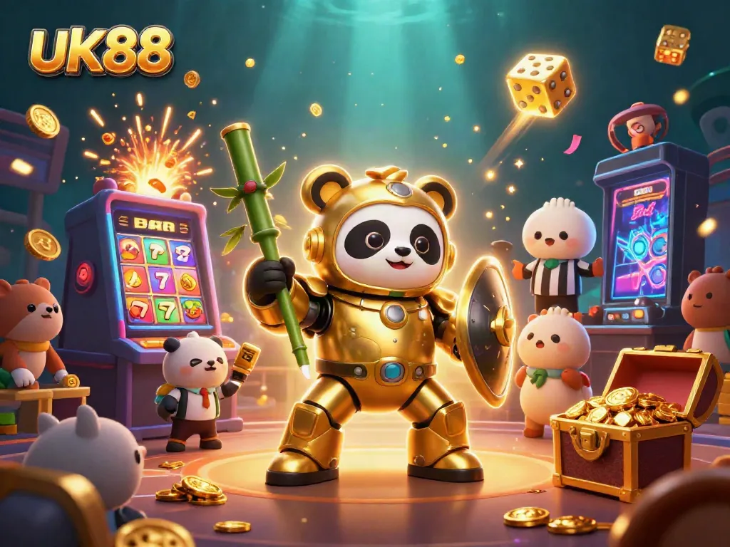 Experience dynamic gaming action at uk88 with a golden panda piloting a bamboo robot amidst a jackpot celebration.