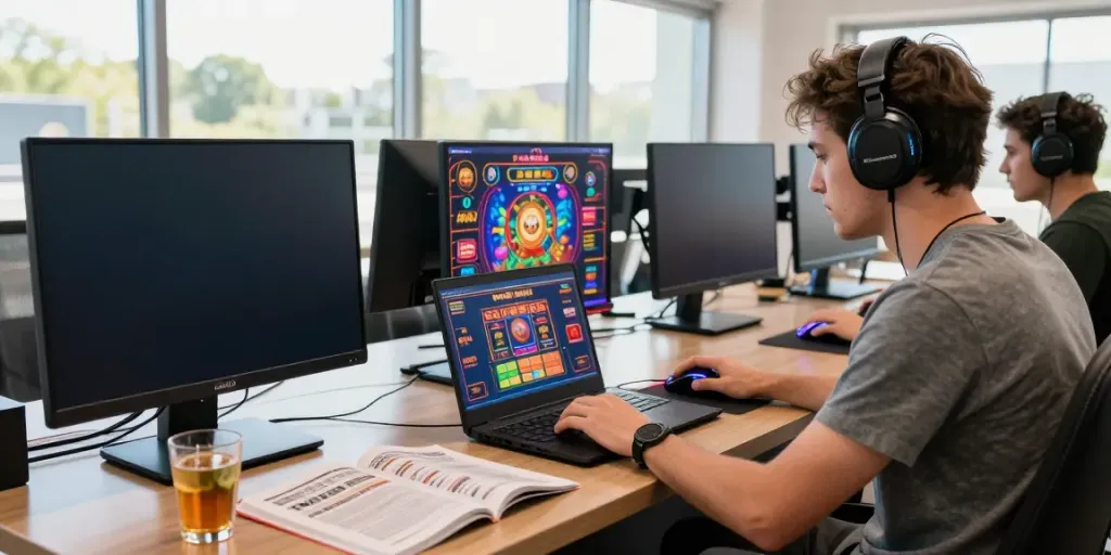 Engaged player enjoying five88 online gaming experience with snacks and strategy guides.