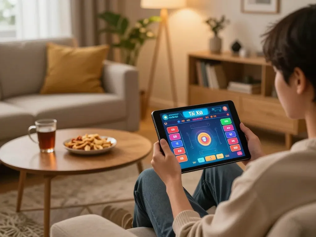 Engaging scene of a player enjoying the app tài xỉu on a tablet in a cozy home setting.