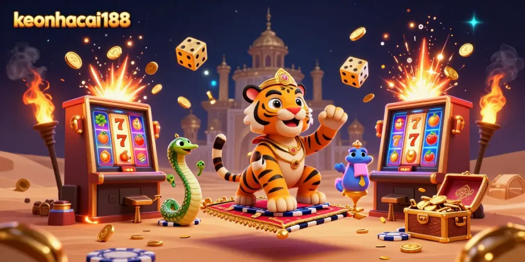 Engage with keonhacai188 as the tiger sultan rides a magic carpet amidst vibrant casino elements.