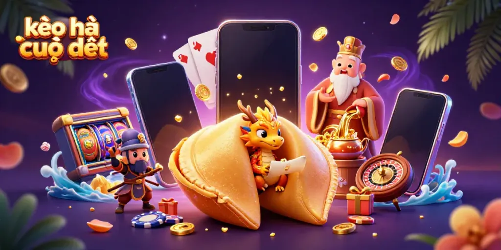 Engage with kèo nhà cái trực tiếp in a vibrant scene filled with fortune cookies and gaming excitement.