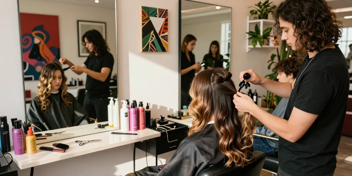 Hair style trend showcasing a stylist applying hair extensions in a trendy salon.