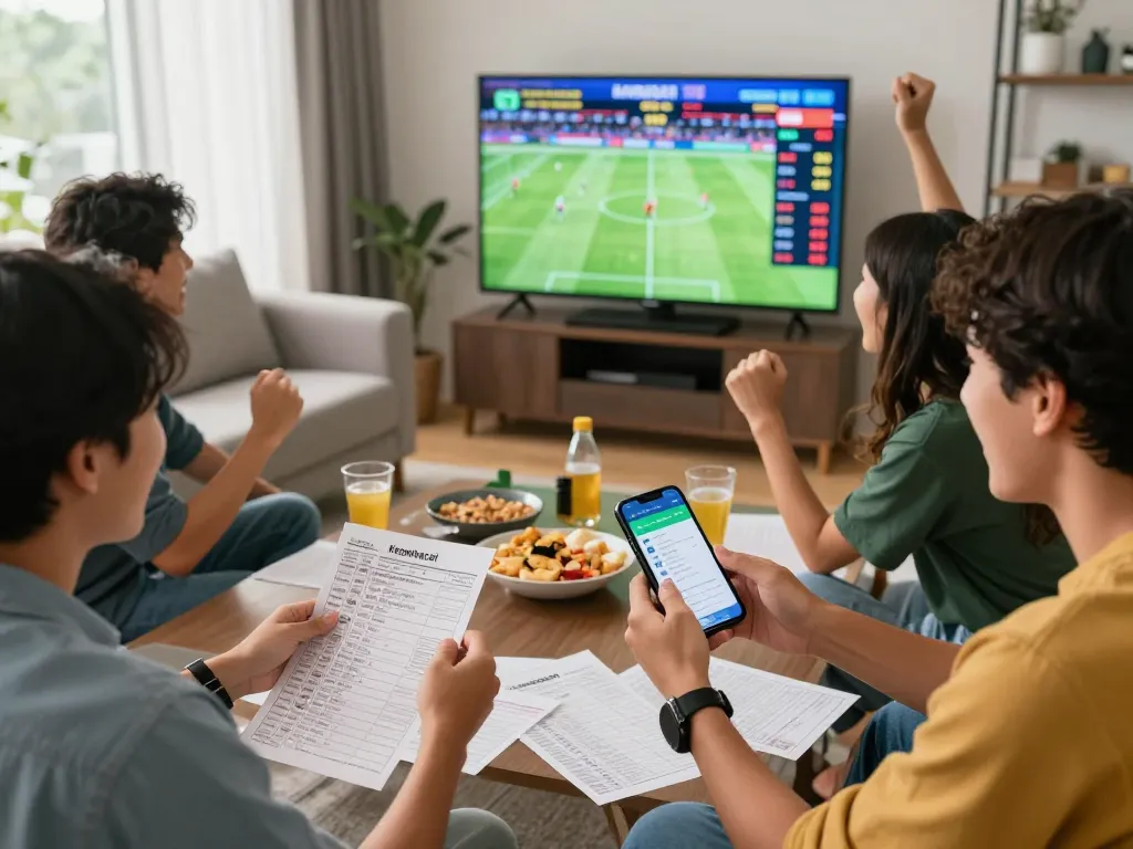 Friends enjoying a football match while using the Keonhacai app for real-time betting insights.