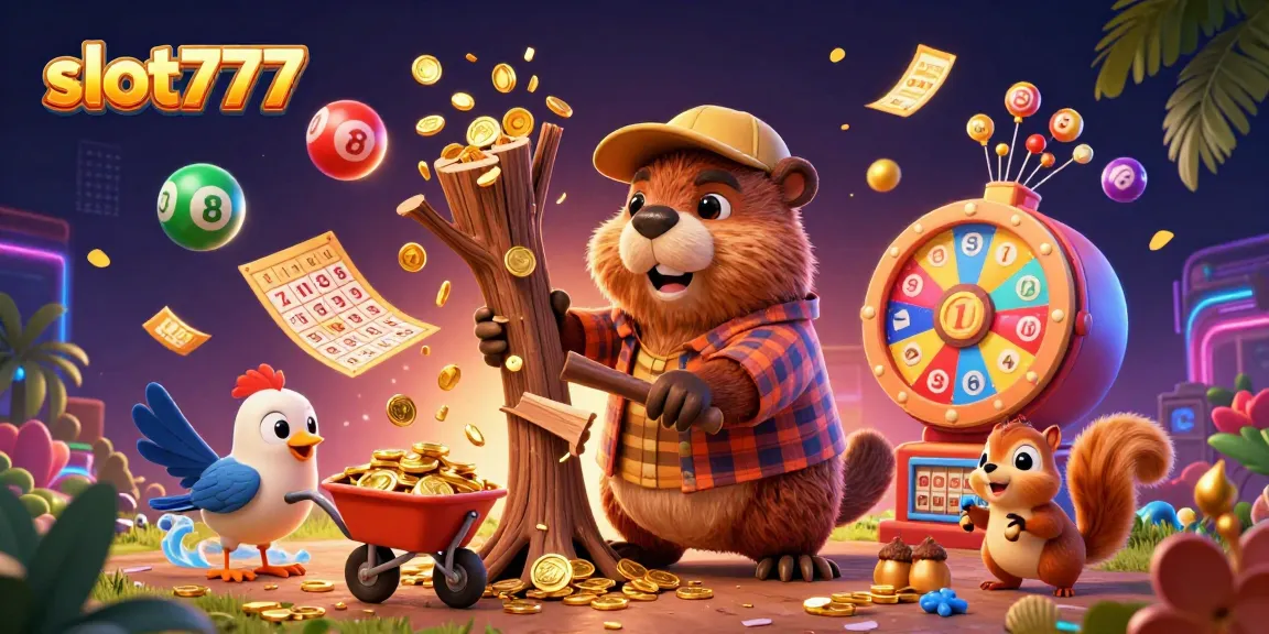 Enjoy exciting wins with slot777, featuring a beaver amidst a gold coin rain and vibrant gaming elements.