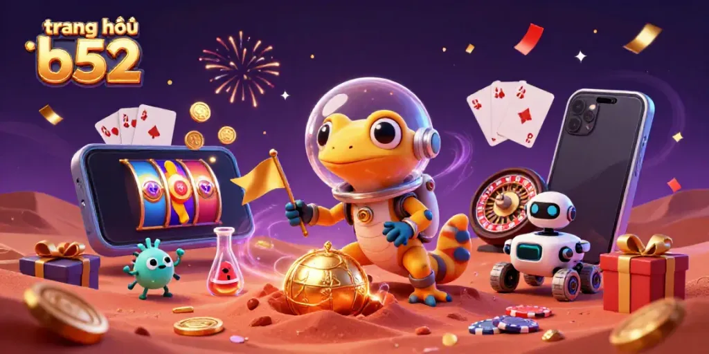 Experience the magic of gaming on trang chủ b52 with a vibrant illustration of a Martian gecko and casino treasures.
