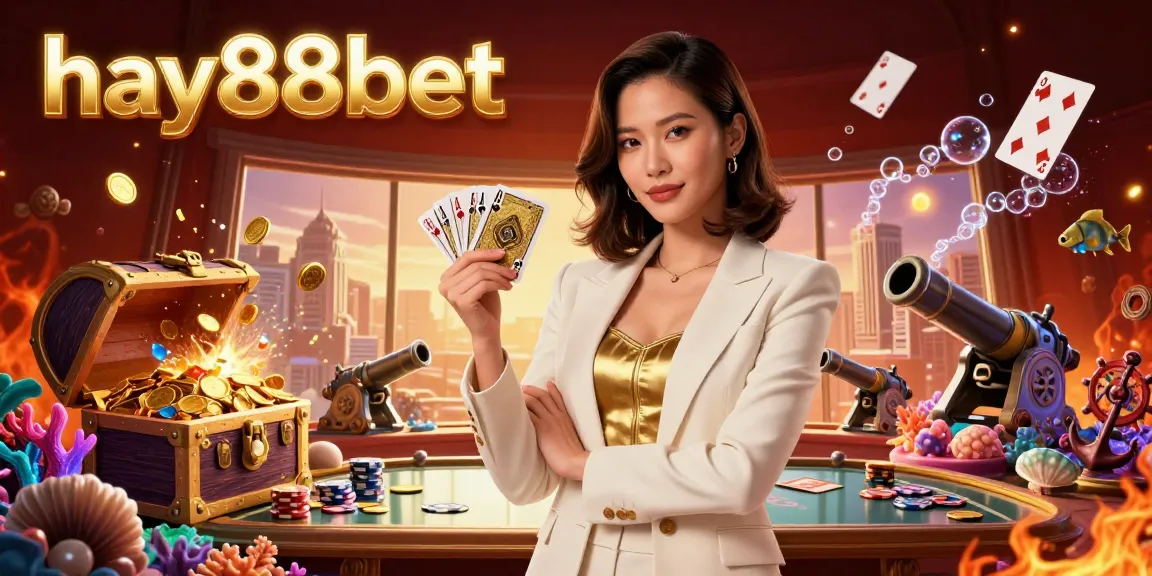 Experience thrilling gameplay at hay88bet with an elegant Asian woman holding cards in a lavish casino setup.
