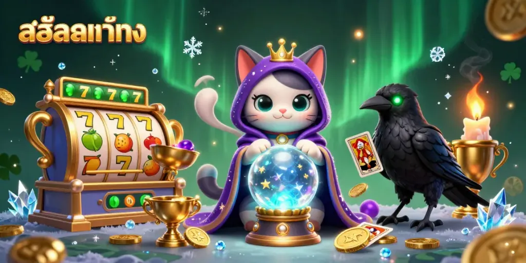 Engage in exciting gaming with สล็อตแท้ตรง, featuring a mystical cat, a tarot raven, and slot elements