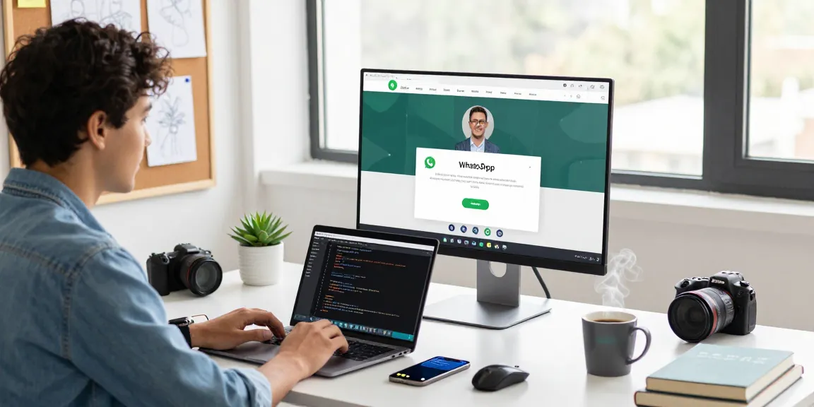 Engaged professional using WhatsApp網頁版 on desktop, showcasing modern workspace with tech gadgets.