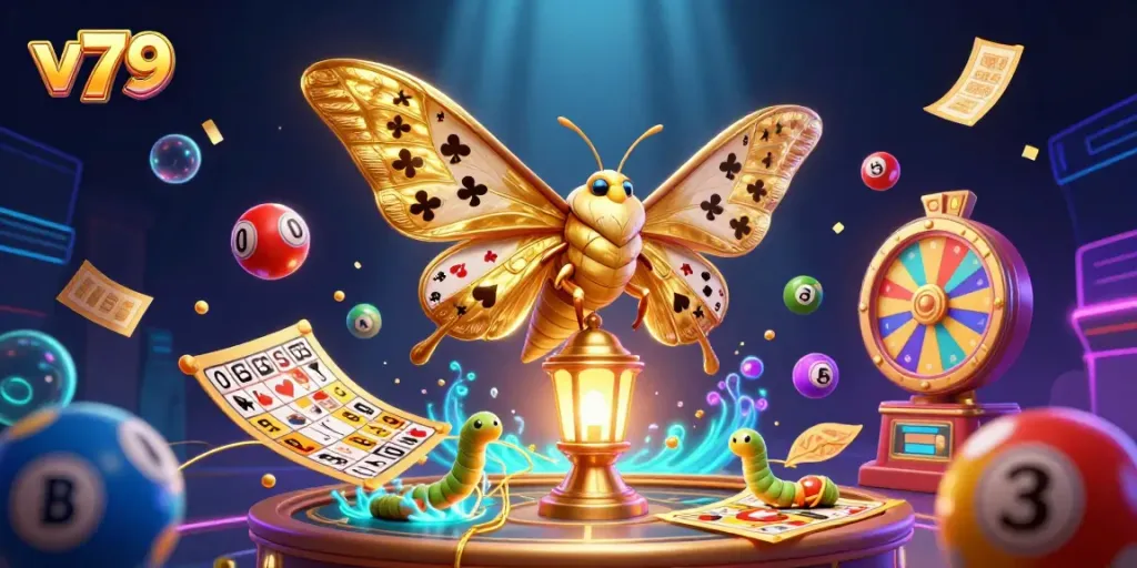 Experience the excitement at v79 with a lively 3D casino scene featuring vibrant games and rich illustrations.