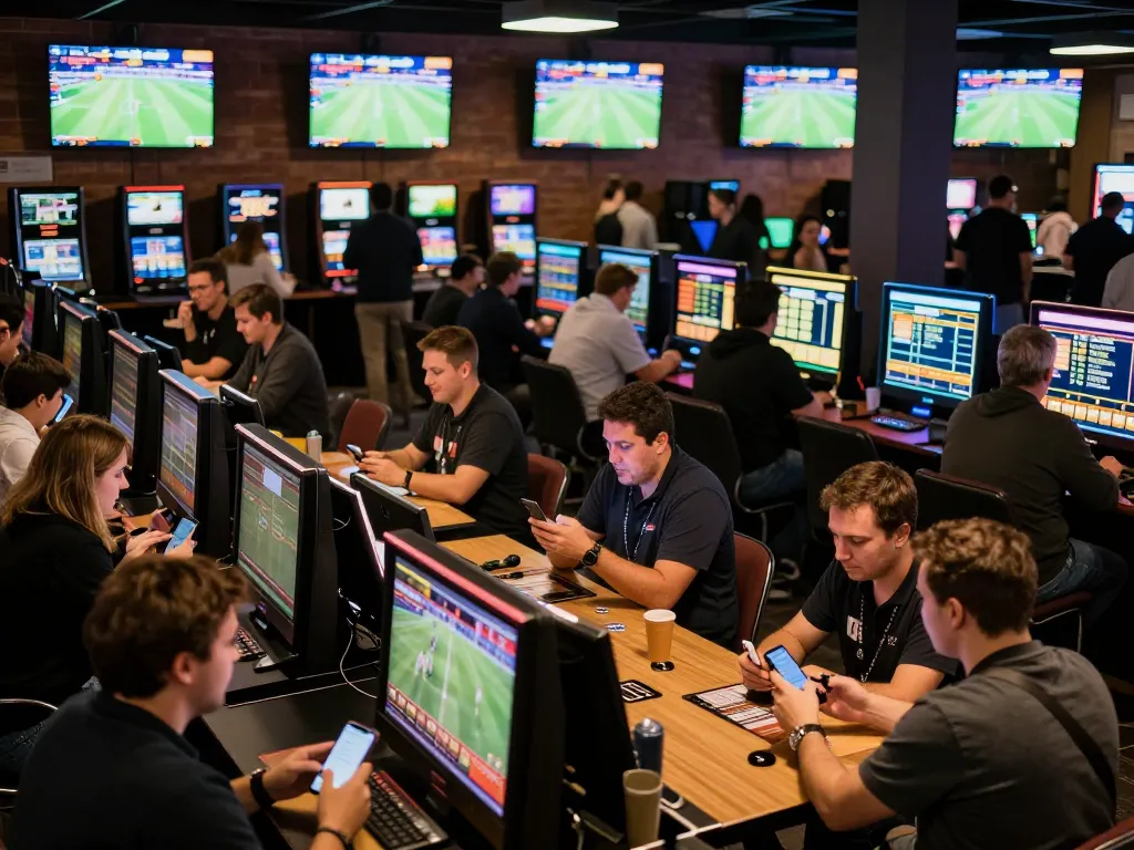 Engaging bettors in action at keonhacai tv sports betting venue, reviewing statistics and placing bets
