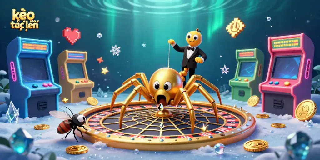 Bet on kèo trực tuyến while enjoying a vibrant 3D casino scene featuring a golden spider and colorful game machines.