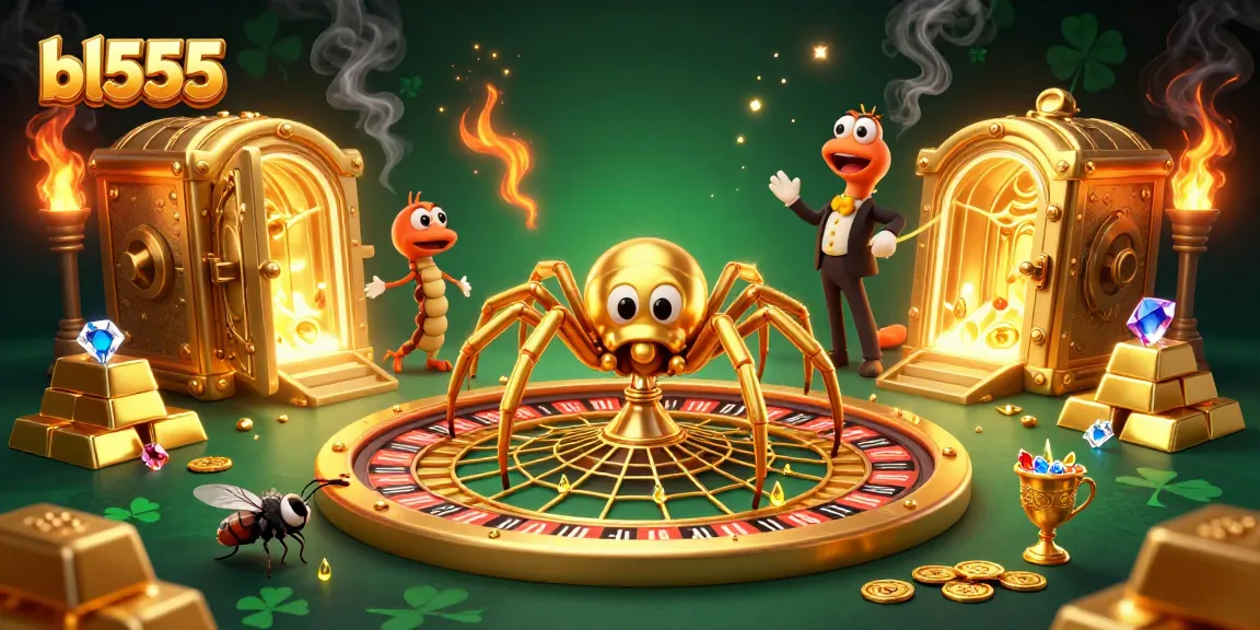 Engaging bl555 scene featuring a golden spider and centipede croupier immersed in a vibrant casino atmosphere.