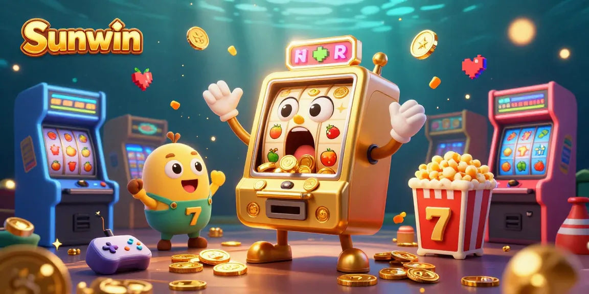 Sunwin's golden slot machine hitting a jackpot amid cheering baby slot machines and game elements.