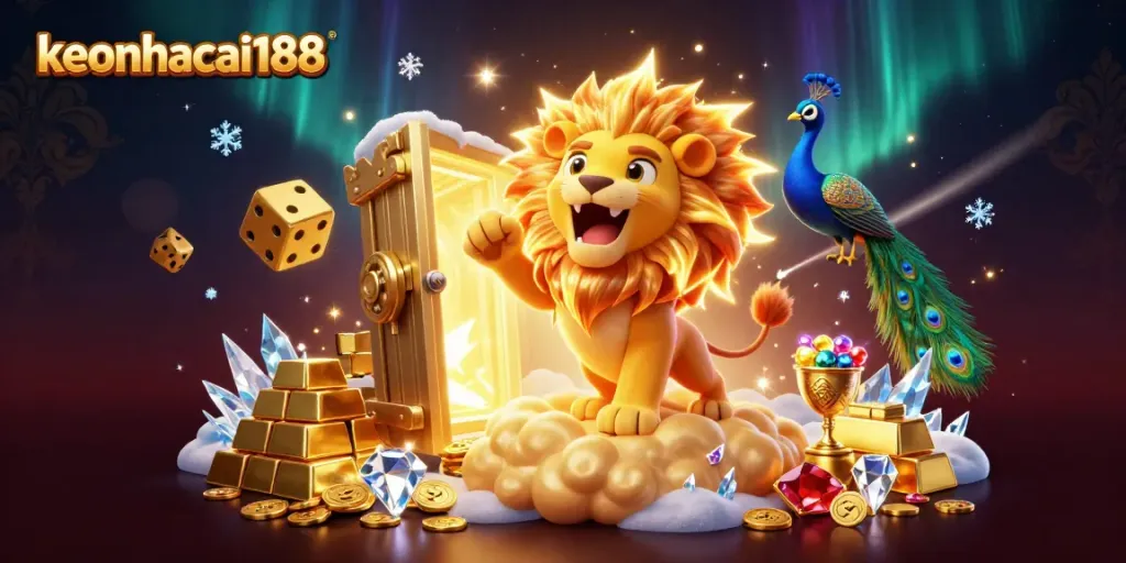 The sun lion roars in a vibrant casino scene, showcasing keonhacai188 with golden treasures and dice.