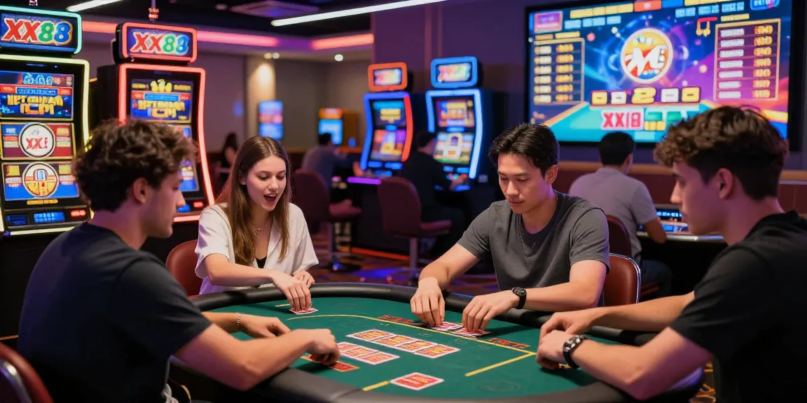Players enjoying exciting games at XX88 online casino with vibrant neon lights creating an engaging gambling atmosphere.