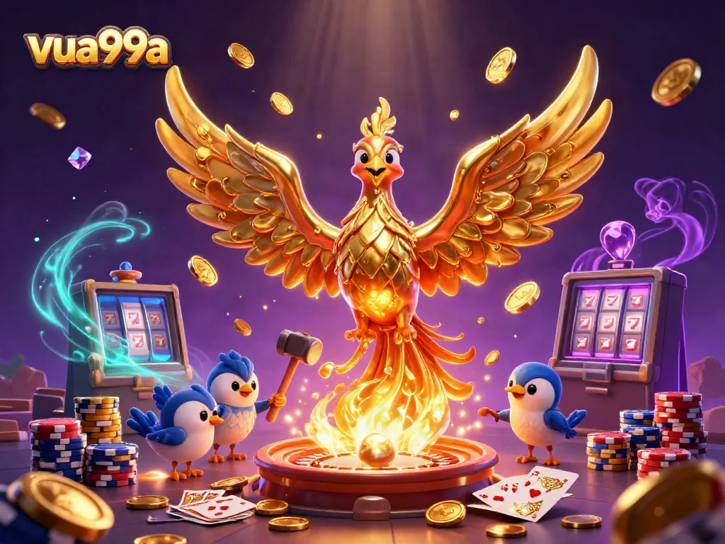 Engage in winning at vua99a with a dynamic scene featuring a molten phoenix and casino elements.