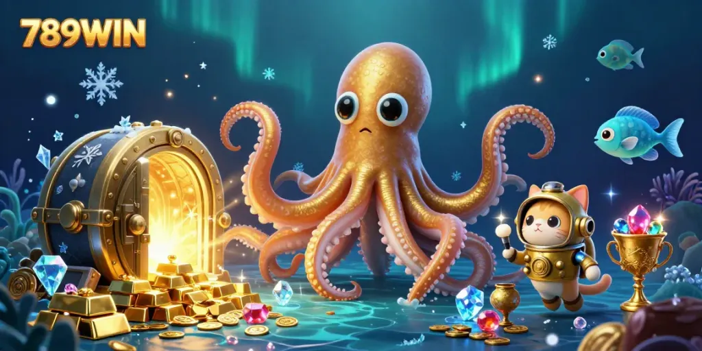 Experience exciting gameplay with 789WIN’s thrilling treasure hunt amidst a kraken and diving cat.