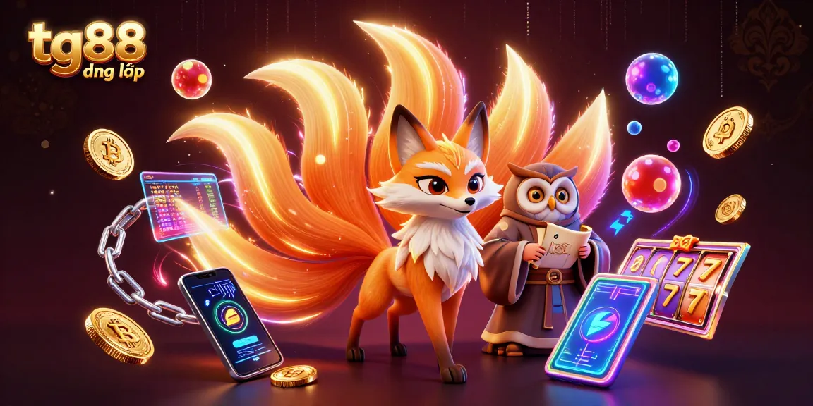 Tg88 đăng nhập to a vibrant online casino experience with a colorful nine-tailed fox and slot elements.